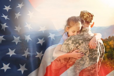 Image of Military man and his daughter outdoors, double exposure with national flag of USA