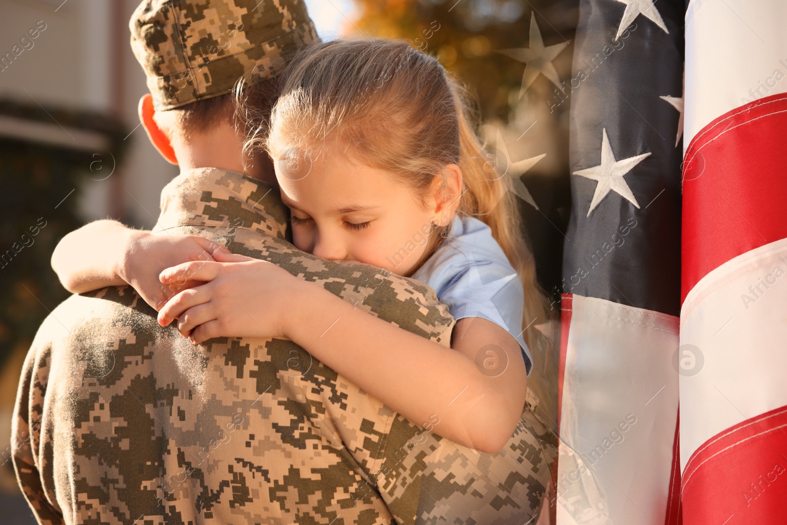 Image of Military man and his daughter outdoors, double exposure with national flag of USA