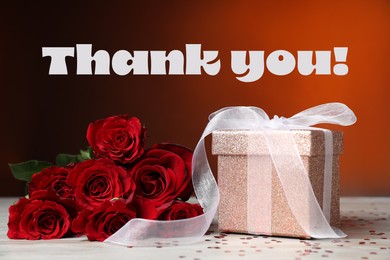 Image of Thank you card design with gift box and roses on table