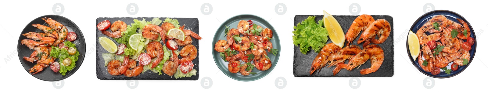 Image of Set of grilled shrimps isolated on white, top view. Delicious sea food