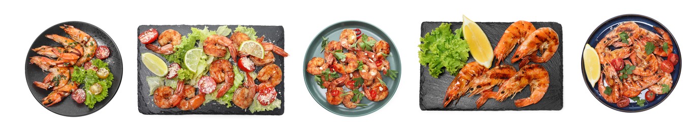 Image of Set of grilled shrimps isolated on white, top view. Delicious sea food