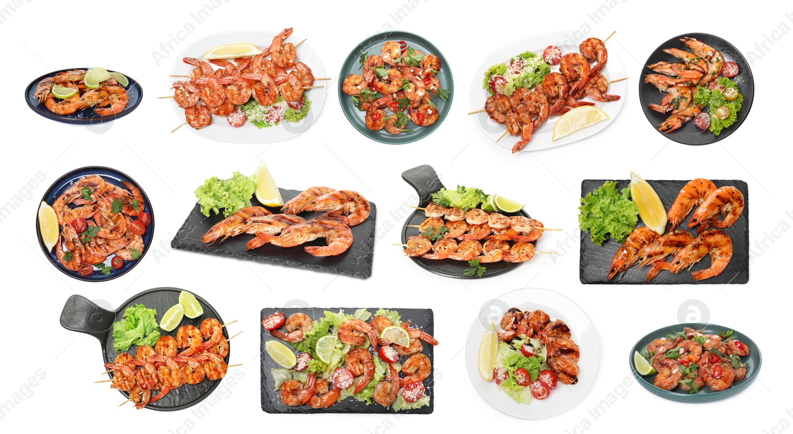 Image of Grilled shrimps isolated on white, set. Delicious sea food