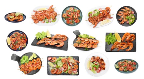 Image of Grilled shrimps isolated on white, set. Delicious sea food