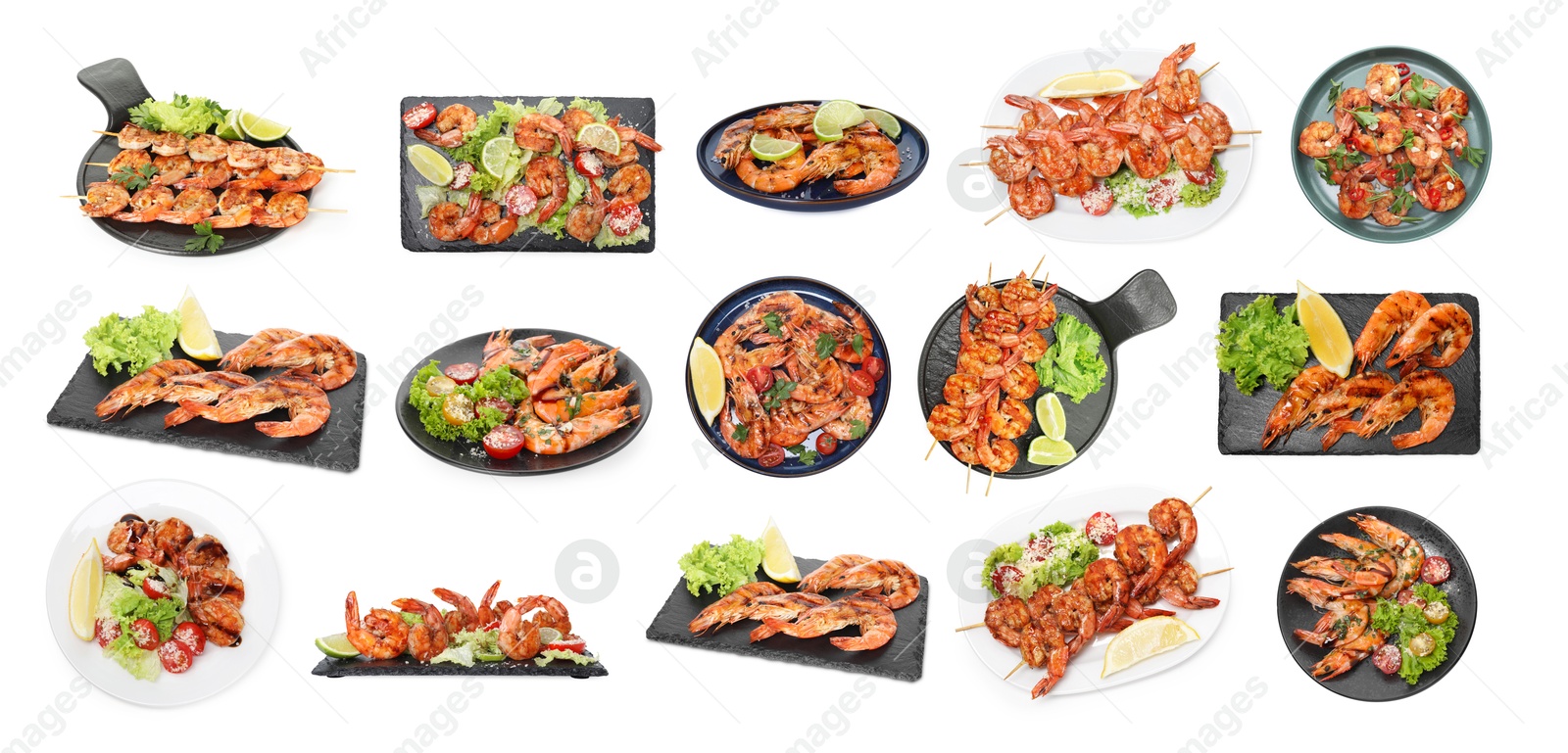 Image of Grilled shrimps isolated on white, set. Delicious sea food