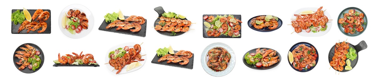 Image of Grilled shrimps isolated on white, set. Delicious sea food