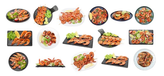 Image of Grilled shrimps isolated on white, set. Delicious sea food