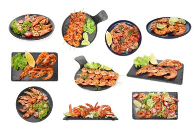 Image of Grilled shrimps isolated on white, set. Delicious sea food