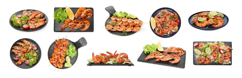 Image of Grilled shrimps isolated on white, set. Delicious sea food