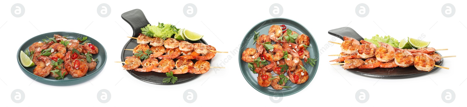 Image of Grilled shrimps isolated on white, set. Delicious sea food