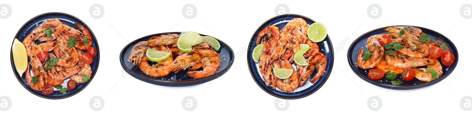 Image of Grilled shrimps isolated on white, set. Delicious sea food