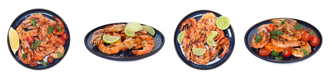Image of Grilled shrimps isolated on white, set. Delicious sea food