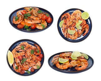 Image of Grilled shrimps isolated on white, set. Delicious sea food
