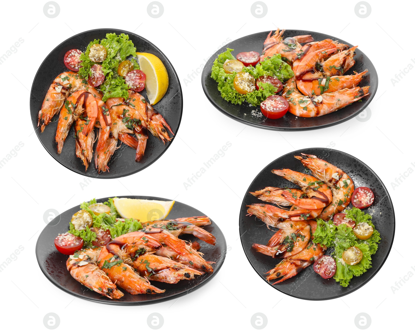 Image of Grilled shrimps isolated on white, set. Delicious sea food