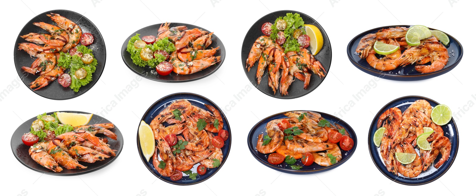 Image of Grilled shrimps isolated on white, set. Delicious sea food