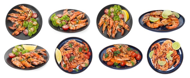 Image of Grilled shrimps isolated on white, set. Delicious sea food
