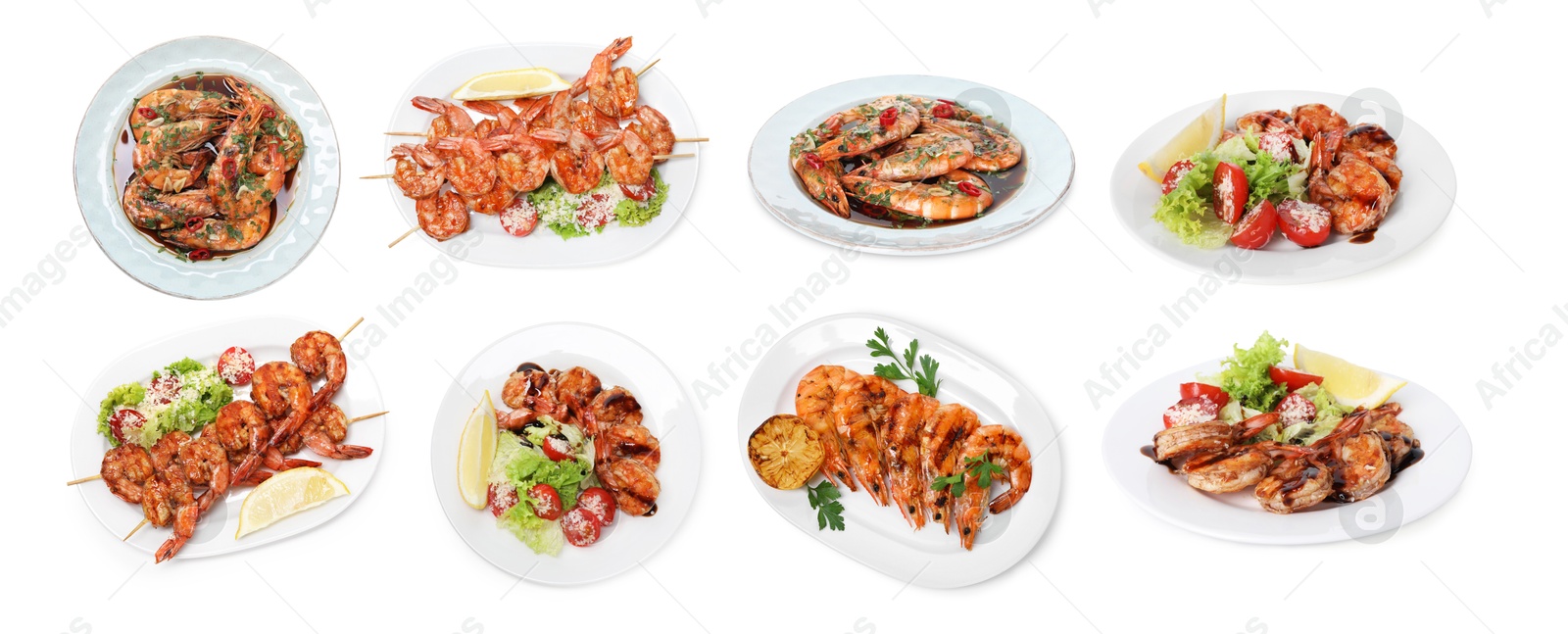 Image of Grilled shrimps isolated on white, set. Delicious sea food