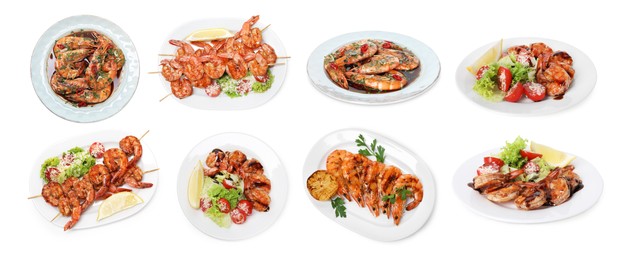 Image of Grilled shrimps isolated on white, set. Delicious sea food
