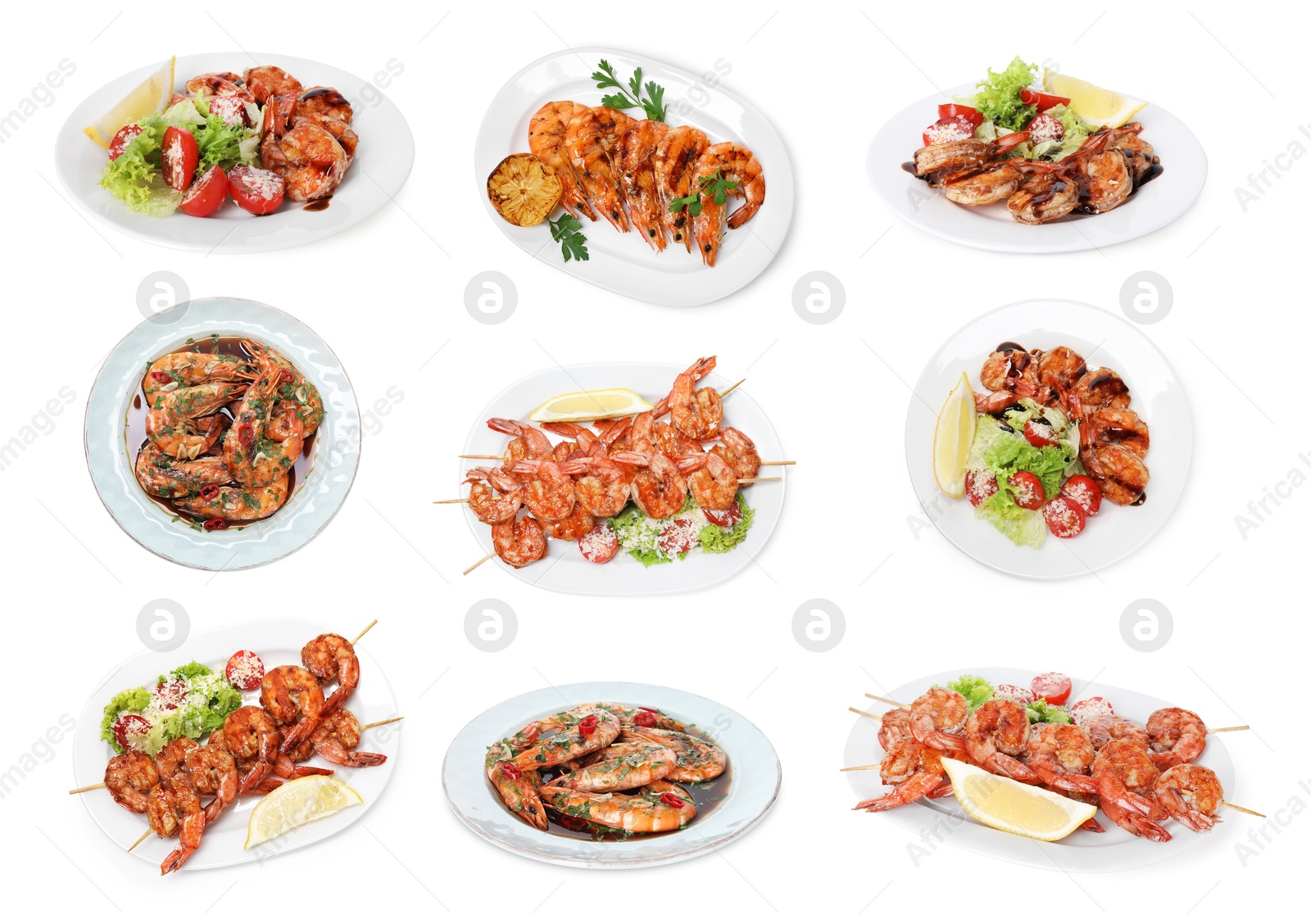 Image of Grilled shrimps isolated on white, set. Delicious sea food
