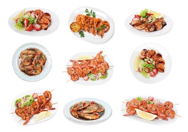 Image of Grilled shrimps isolated on white, set. Delicious sea food