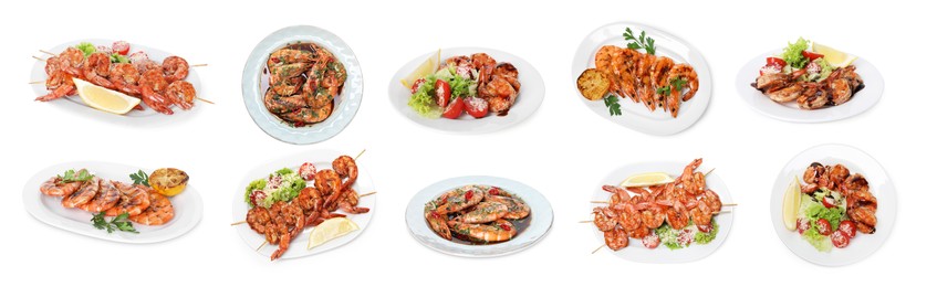 Image of Grilled shrimps isolated on white, set. Delicious sea food