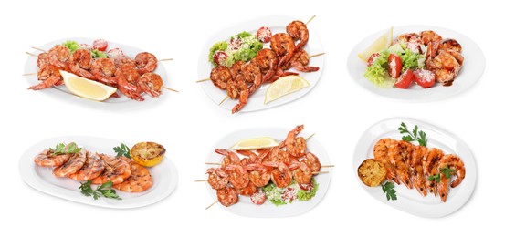 Image of Grilled shrimps isolated on white, set. Delicious sea food