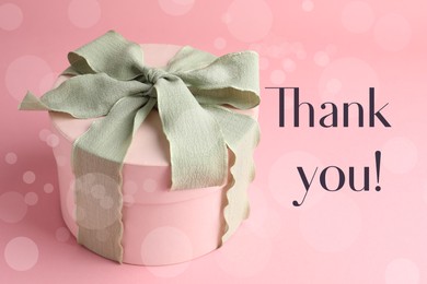 Image of Thank you card design with gift box on pink background, bokeh effect