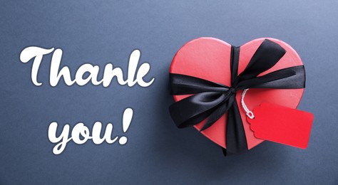 Image of Thank you card design with gift box on pale blue background. Banner design