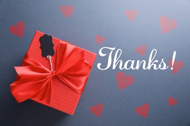 Image of Thank you card design with gift box and red hearts on grey background