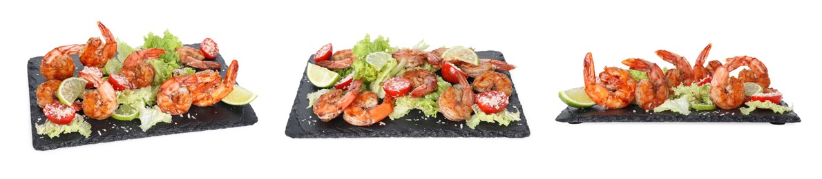 Image of Grilled shrimps isolated on white, set. Delicious sea food