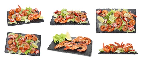 Image of Grilled shrimps isolated on white, set. Delicious sea food