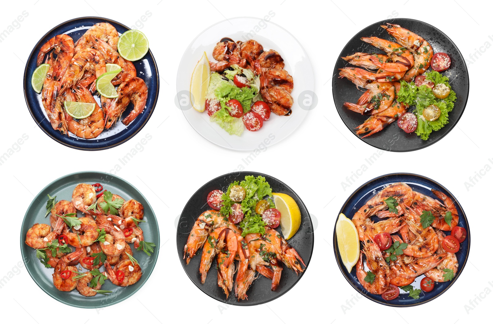Image of Set of grilled shrimps isolated on white, top view. Delicious sea food