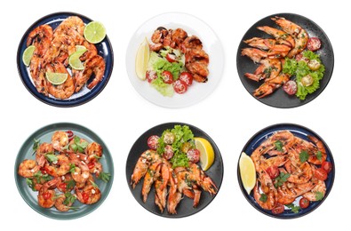 Image of Set of grilled shrimps isolated on white, top view. Delicious sea food