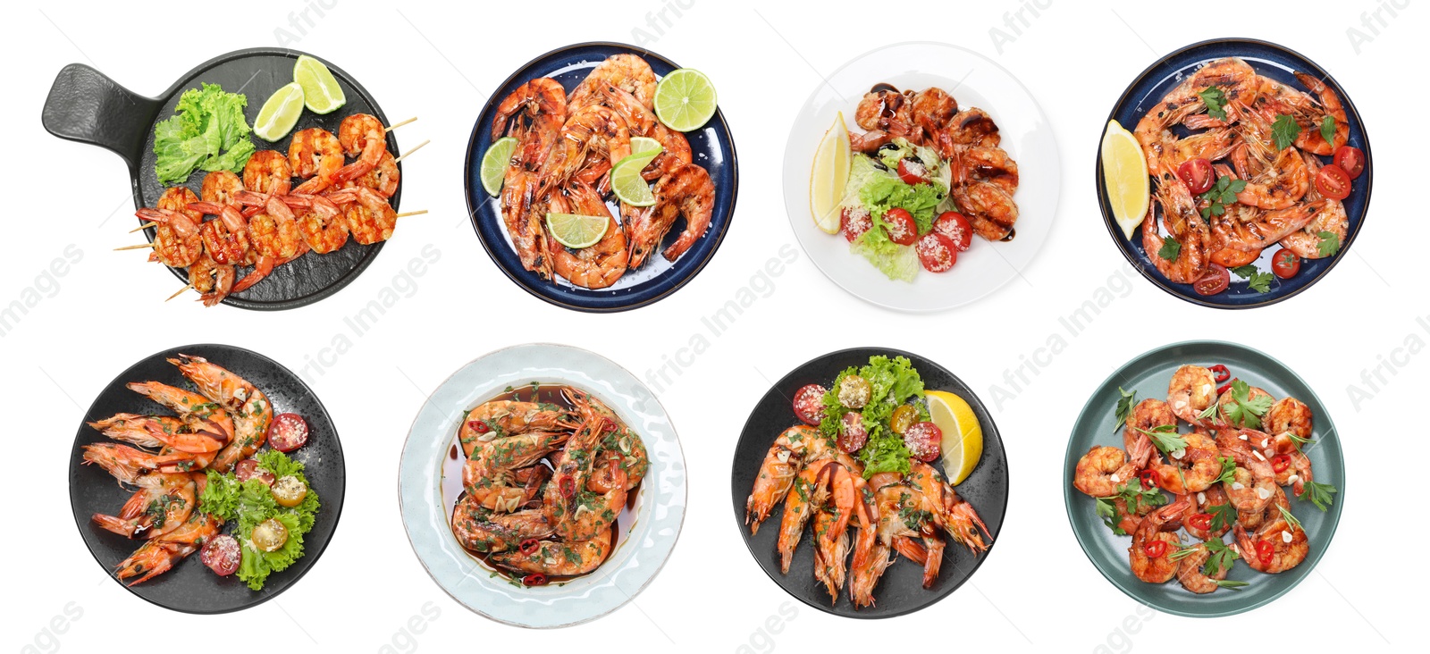 Image of Set of grilled shrimps isolated on white, top view. Delicious sea food