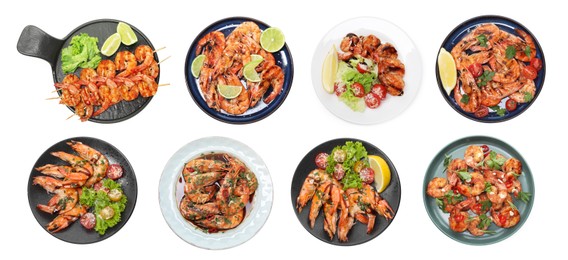 Image of Set of grilled shrimps isolated on white, top view. Delicious sea food