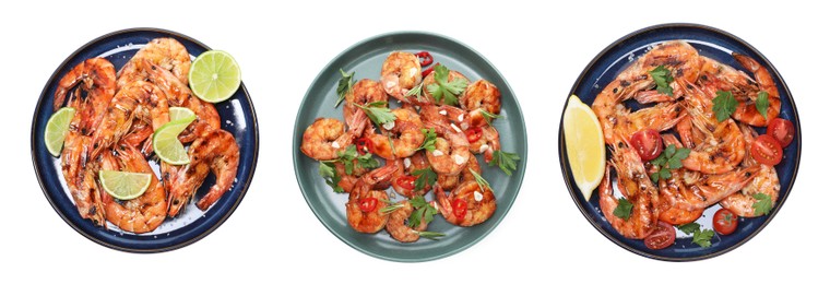 Image of Set of grilled shrimps isolated on white, top view. Delicious sea food