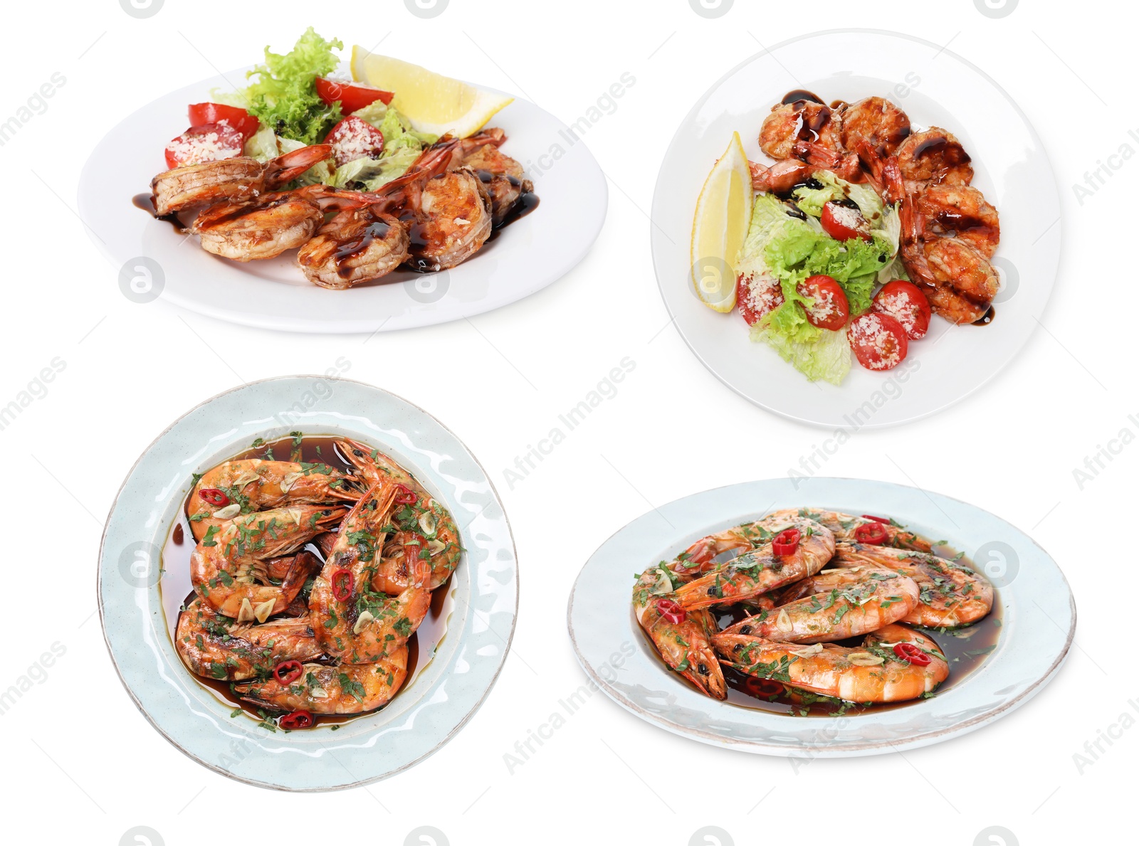 Image of Grilled shrimps isolated on white, set. Delicious sea food