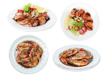 Image of Grilled shrimps isolated on white, set. Delicious sea food