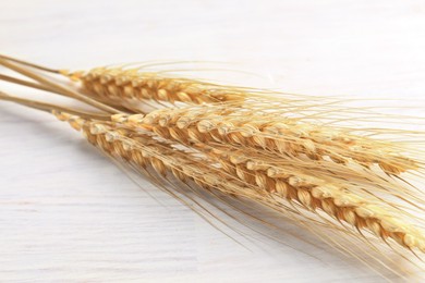 Image of Golden ears of wheat on white wooden table, closeup