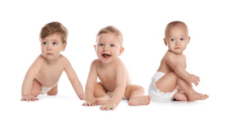 Image of Adorable babies in diapers on white background