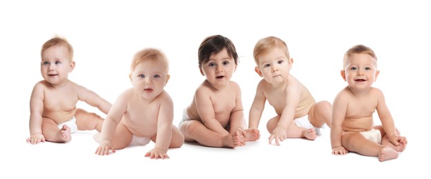 Image of Adorable babies in diapers on white background