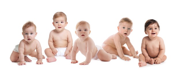 Image of Adorable babies in diapers on white background