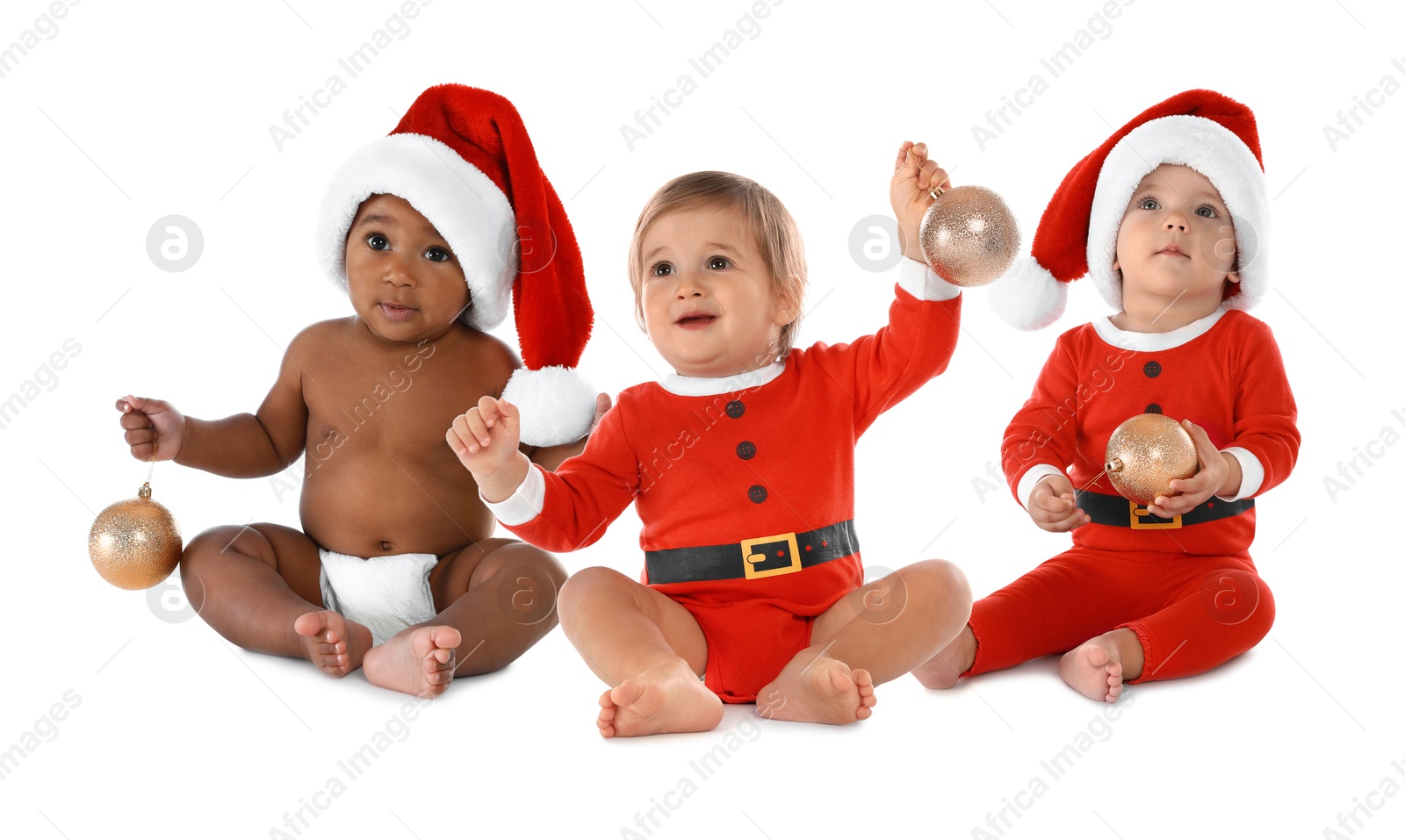 Image of Cute babies in Christmas clothes on white background