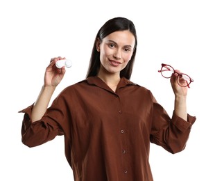 Photo of Woman choosing between glasses and contact lenses on white background