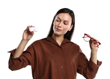 Photo of Woman choosing between glasses and contact lenses on white background