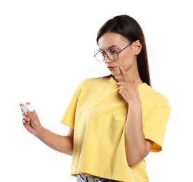 Photo of Woman in glasses with contact lenses on white background