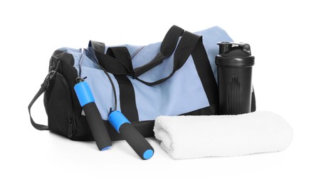 Photo of Stylish bag with sports equipment isolated on white