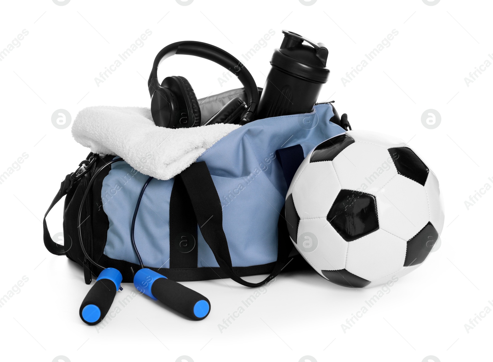 Photo of Stylish bag with sports equipment isolated on white