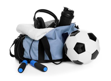 Photo of Stylish bag with sports equipment isolated on white