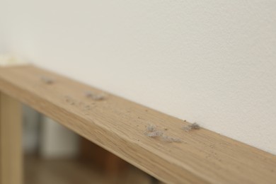 Photo of Clumps of dust on wooden surface near light wall, closeup