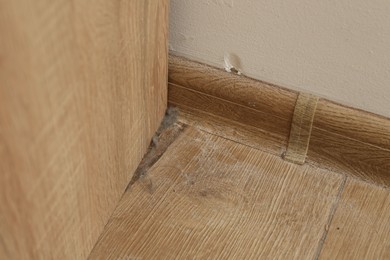 Photo of Clumps of dust on wooden floor in corner indoors, above view